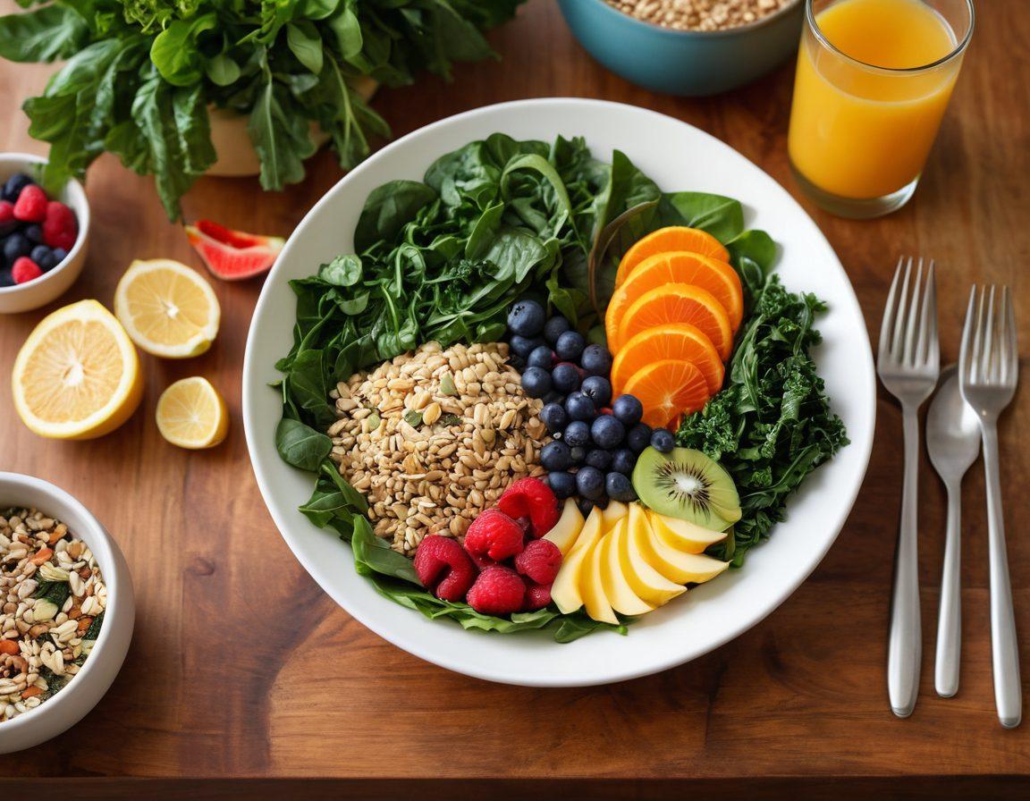 A colorful plate filled with vibrant, whole foods like leafy greens, fresh fruits, and wholesome grains, arranged artistically. Include a soothing herbal tea in the background, with calming elements such as soft lighting and a clean, serene kitchen setting. Showcase a happy, healthy person enjoying their meal, embodying wellness and vitality. super-realistic. vibrant colors. warm tones.