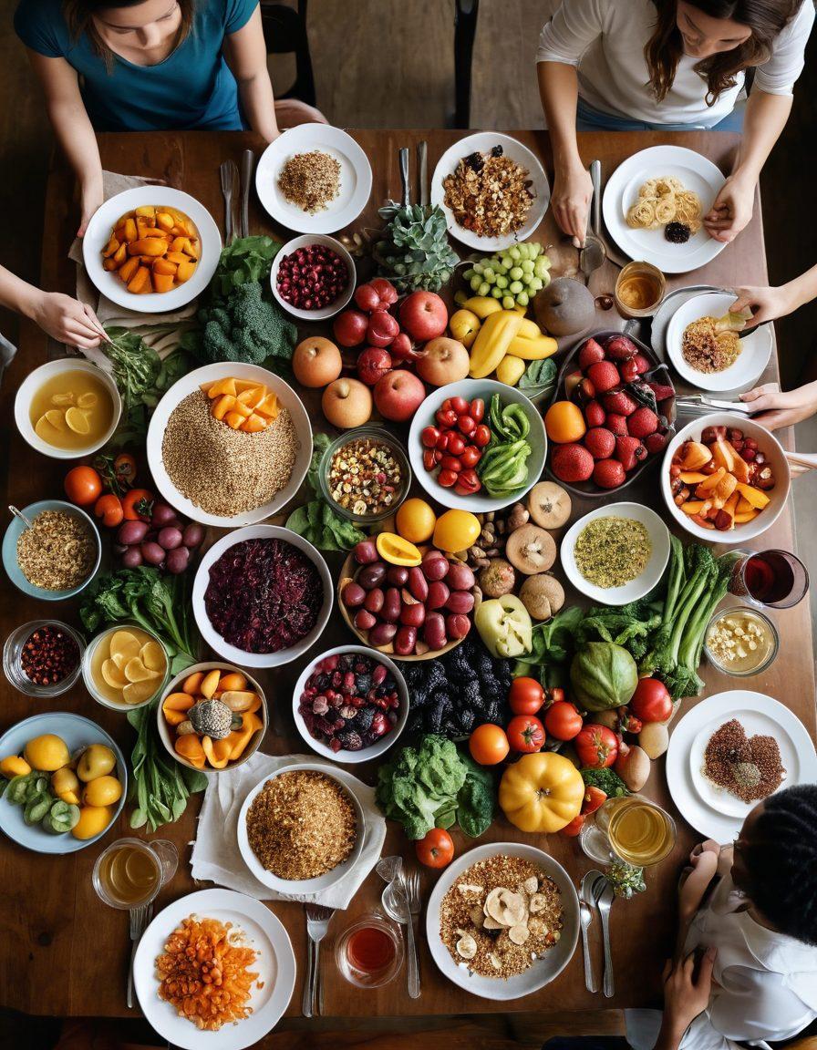 A beautifully arranged table full of colorful, healthy foods like fruits, vegetables, and whole grains, radiating warmth and joy. Show a serene setting with soft natural light filtering through, creating a calming ambiance. Include smiling people sharing a meal, embodying the joy of eating together and its positive effect on mood and wellness. Add subtle elements like gentle steam rising from freshly cooked dishes to enhance the sense of nourishment. vibrant colors. warm lighting. super-realistic.