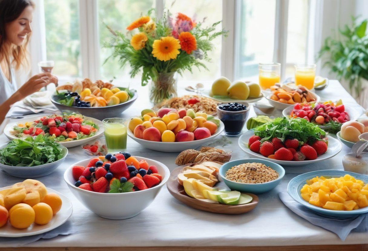 A vibrant, inviting dining table filled with colorful, healthy dishes representing joyful eating, such as fresh fruits, salads, and wholesome grains. Include a serene atmosphere with soft lighting and calming greenery in the background. Illustrate a person happily enjoying their meal, embodying wellness and happiness. The setting should convey a sense of community and positivity, with joyful expressions. watercolor, vibrant colors, soft textures.